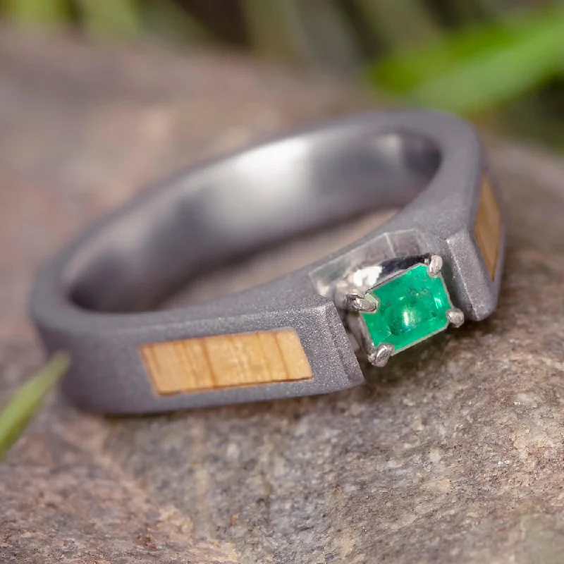 Men's Alexandrite Engagement Rings in Platinum with a Hidden Halo of DiamondsEmerald Ring with Oak Wood Panels and a Sandblasted Titanium-1836 Men's Alexandrite Engagement Rings in Platinum with a Hidden Halo of DiamondsEmerald Ring with Oak Wood Panels and a Sandblasted Titanium-1836