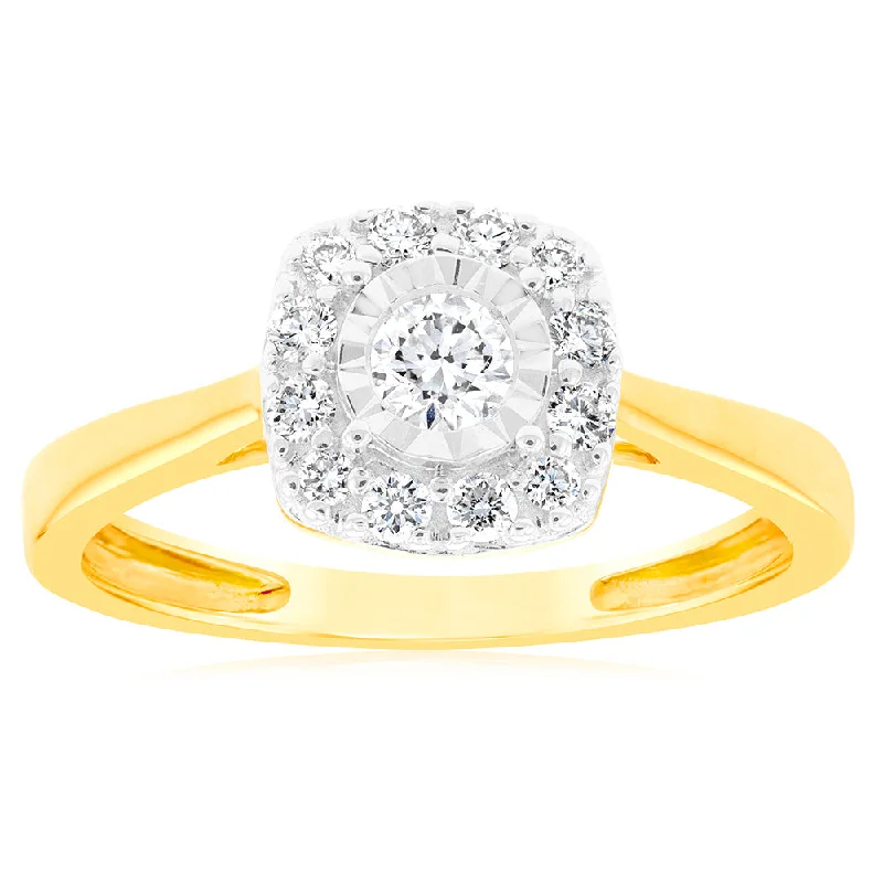 Three - Stone Women's Diamond Rings Symbolizing Past, Present, and Future with Emerald - Cut DiamondsLuminesce Lab Grown 9ct Yellow Gold 0.30 Carat Diamond Cluster Dress Ring