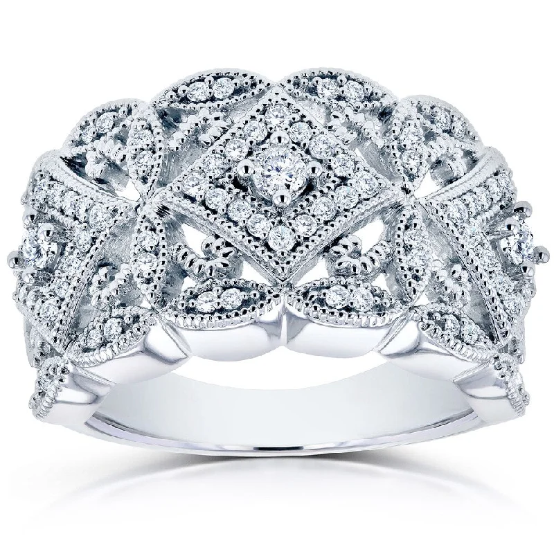 Signature - Design Women's Diamond Rings with a Brand - Specific Pattern and High - Quality DiamondsAnnello by Kobelli 10k White Gold 1/2ct TDW Diamond Antique Filigree Wide Anniversary Ring