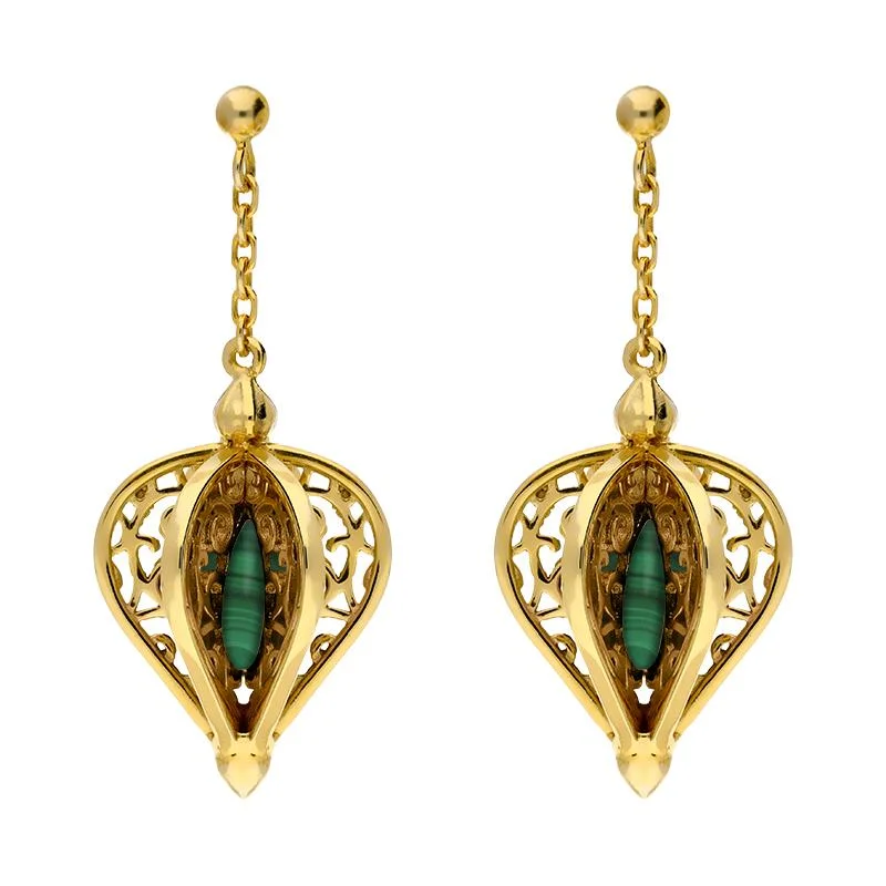 9ct Yellow Gold Malachite Flore Filigree Drop Earrings