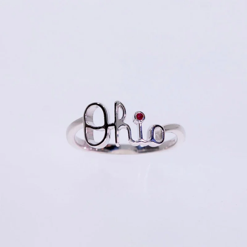 Adjustable Fashion Rings in Leather and Brass with a Tribal - Inspired DesignOSU Script Ohio Ring with Ruby (Size 5)