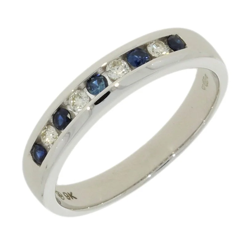 Vintage - Style Women's Diamond Rings with Floral - Engraved Bands and Multiple Diamond Accents9ct White Gold 0.10ct Diamond and Sapphire Half Eternity Ring