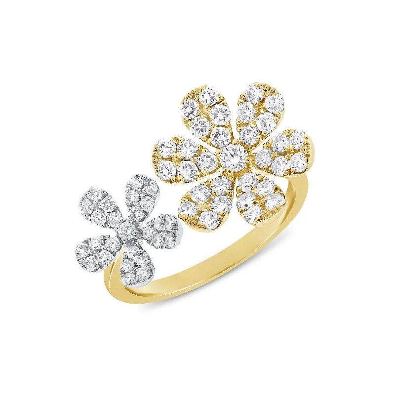 Statement - Making Fashion Rings in Gold - Plated Brass with Oversized Cubic Zirconia StonesDiamond Flower Double Finger Ring