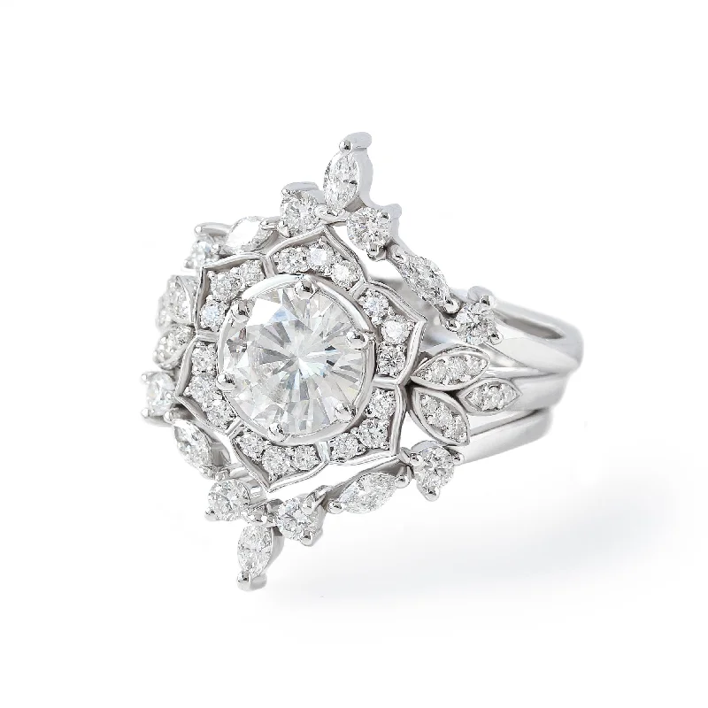 Marquise - Cut Women's Diamond Rings in Palladium for a Unique and Elongated Shape2ct Diamond Flower Engagement Ring, Three Rings Set - "Lily Pond" & "Hermes" ♥