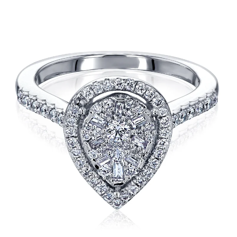 Cathedral - Style Women's Diamond Rings with a Raised Center Setting and Elaborate MetalworkAnnello by Kobelli The Pear Cluster 14k White Gold Halo Ring (GH/I, GH/I)