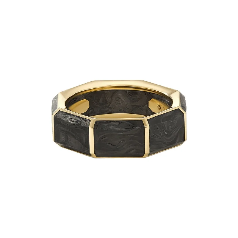 Stackable Fashion Rings in Rose - Gold Tone with Delicate Floral Engravings8mm Forged Carbon Faceted Band with 18k Yellow Gold