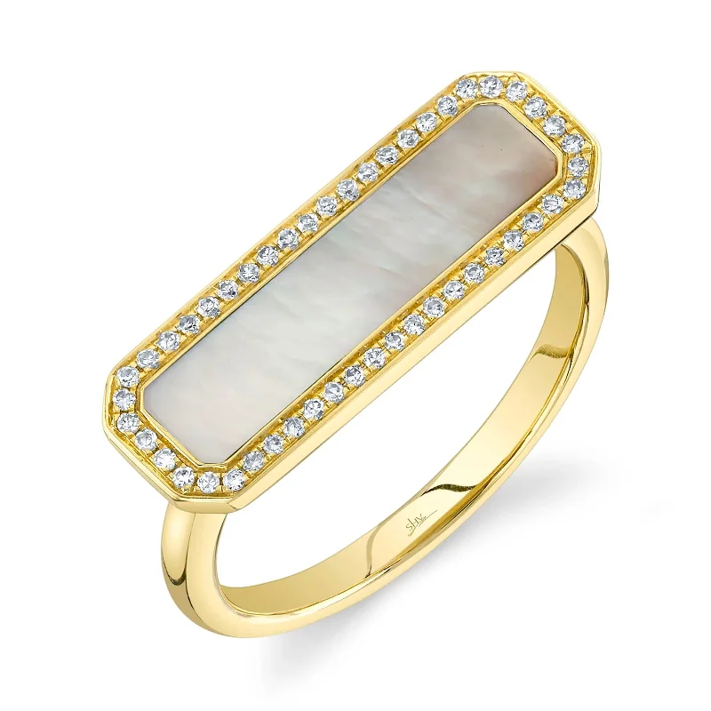 Open - Band Fashion Rings in Sterling Silver with Gemstone InlaysMother of Pearl and Diamond Bar Ring