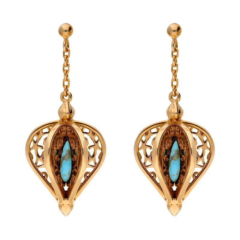 9ct Rose Gold Turquoise Flore Filigree Drop Earrings