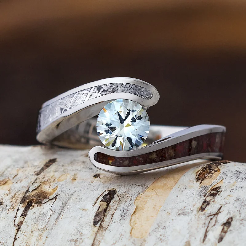 Men's Agate Engagement Rings in Sterling Silver with a Mosaic - Style InlayWhite Sapphire Engagement Ring, Titanium Meteorite Ring With Dinosaur Bone Men's Agate Engagement Rings in Sterling Silver with a Mosaic - Style InlayWhite Sapphire Engagement Ring, Titanium Meteorite Ring With Dinosaur Bone