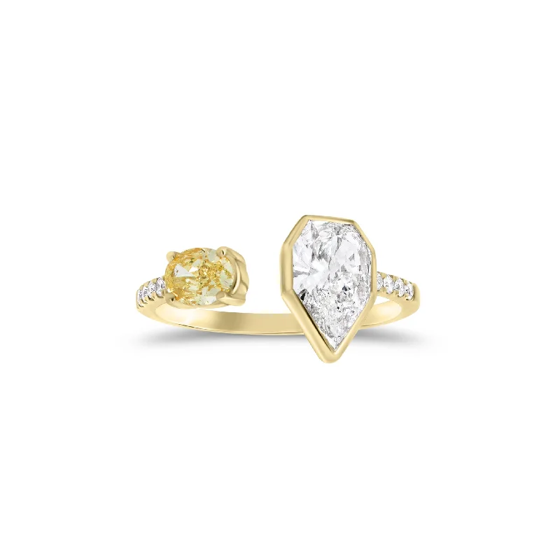 Minimalist Fashion Rings in Stainless Steel with a Single Solitaire CrystalDiamond Heptagon & Yellow Diamond Oval Open Ring