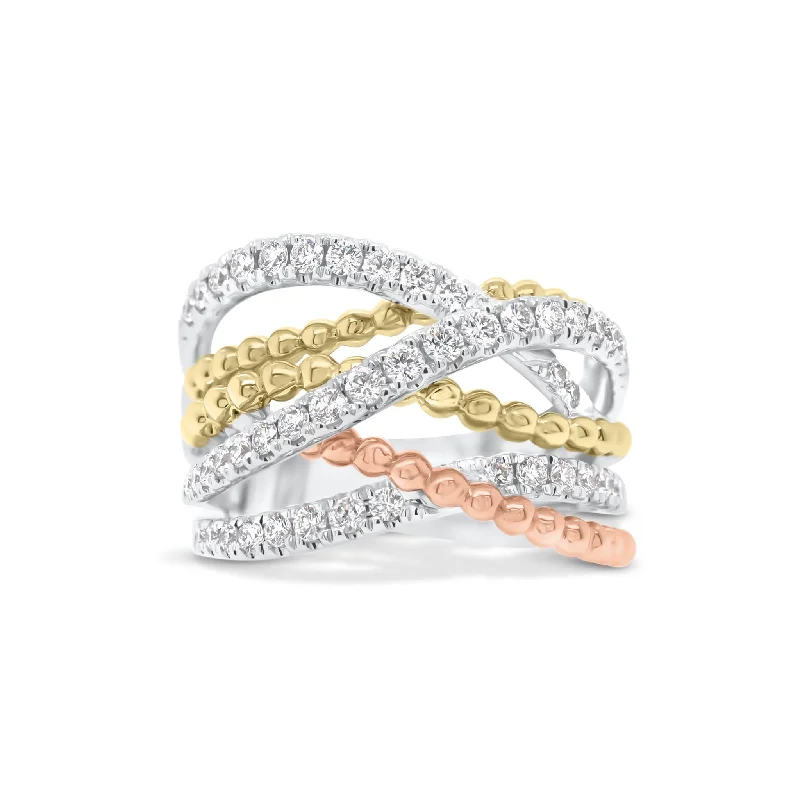 Chunky Fashion Rings in Copper with Geometric Patterns for a Bold AccessoryDiamond & Beaded Gold Interwoven Bands Ring