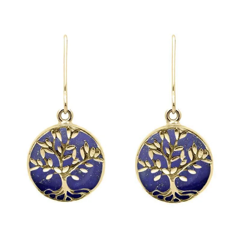 9ct Yellow Gold Lapis Lazuli Round Large Tree of Life Leaves Drop Earrings