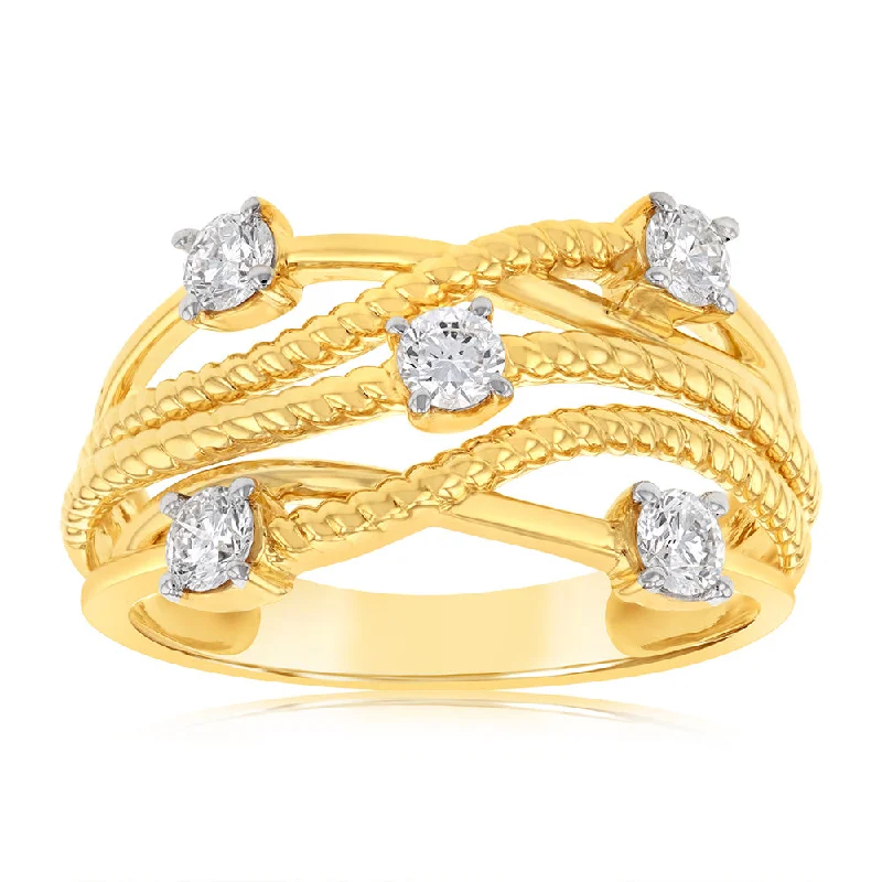 Vintage - Style Women's Diamond Rings with Floral - Engraved Bands and Multiple Diamond Accents9ct Yellow Gold 1/2 Carat Lab Grown Diamond Rope Effect Dress Ring