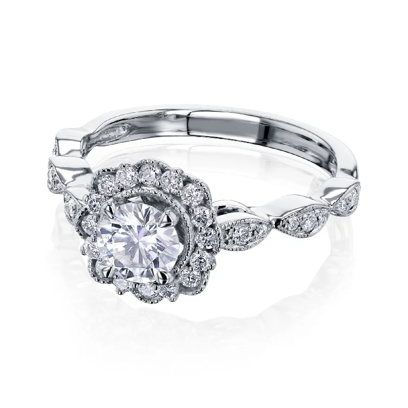 Cathedral - Style Women's Diamond Rings with a Raised Center Setting and Elaborate MetalworkAnnello by Kobelli The Floral Spring 10k White Gold Diamond Ring (HI/I)