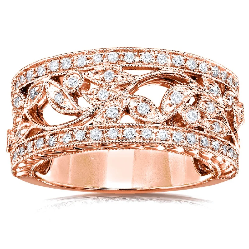 Adjustable Women's Diamond Rings with a Flexible Band for a Comfortable and Custom FitAnnello by Kobelli 14k Rose Gold 1/4ct TDW Diamond Wide Floral Anniversary Ring