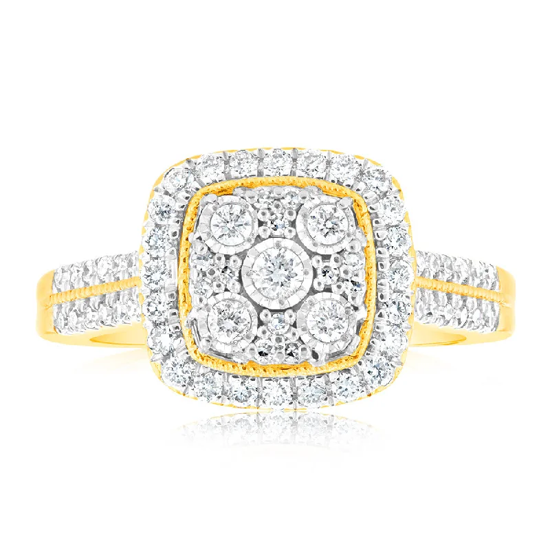 Vintage - Style Women's Diamond Rings with Floral - Engraved Bands and Multiple Diamond AccentsLuminesce Lab Grown Diamond 1/2 Carat Ring Set in 9 Carat Yellow Gold