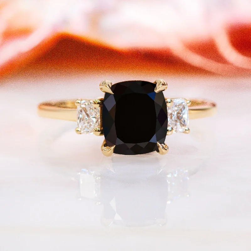 Art Deco - Inspired Women's Diamond Rings with Geometric Designs and Baguette - Cut DiamondsShadowscape -   Three Stone  Natural Black Diamond Cushion Engagement Ring  in Yellow Gold