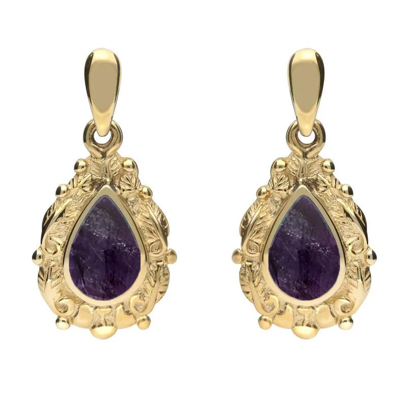 9ct Yellow Gold Blue John Pear Shaped Leaf Drop Earrings