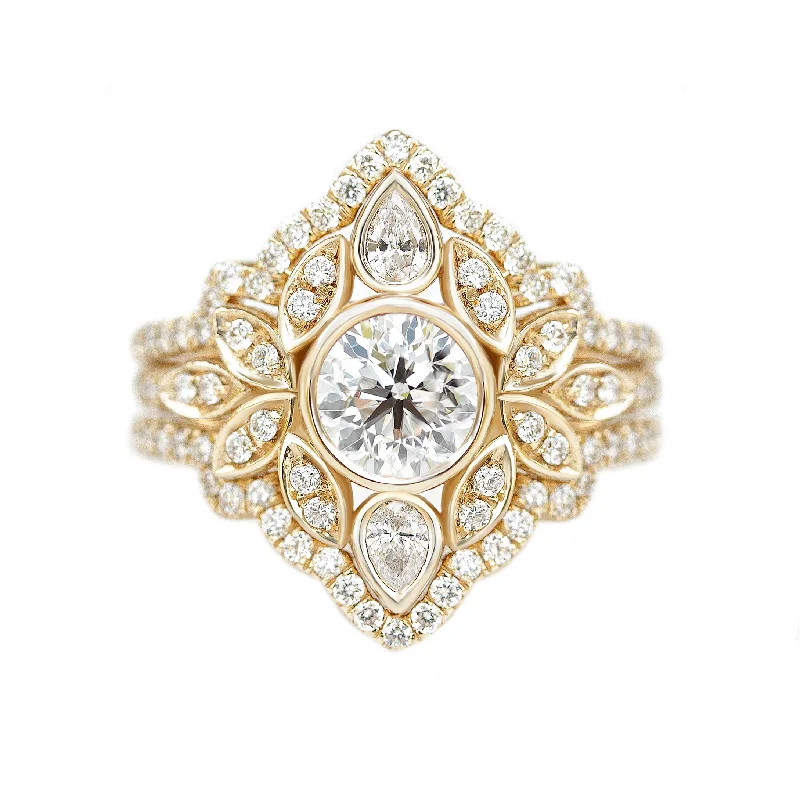 Vintage - Style Women's Diamond Rings with Floral - Engraved Bands and Multiple Diamond AccentsFlower Diamond Engagement Ring, Diamond Ring Guard Lily #5 ♥