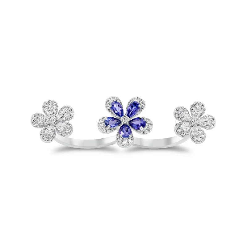 Rhinestone - Embellished Fashion Rings in Silver - Tone Metal for a Glamorous TouchTanzanite & Diamond Flower Two-Finger Ring