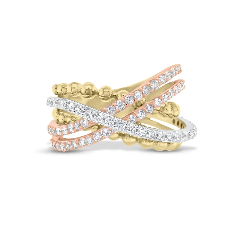 Rhinestone - Embellished Fashion Rings in Silver - Tone Metal for a Glamorous TouchDiamond & Tricolor Gold Crossover Ring