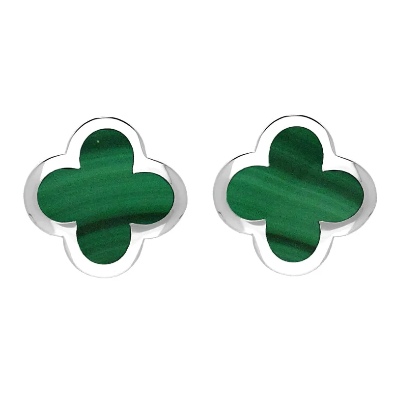 Sterling Silver Malachite Bloom Four Leaf Clover Stud Earrings