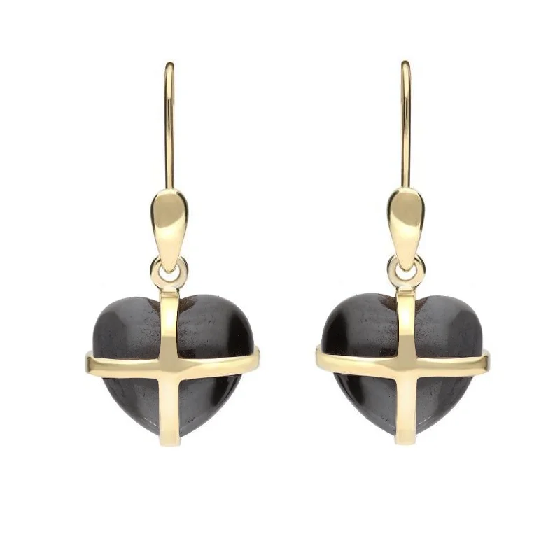 9ct Yellow Gold Haematite Small Cross Heart Drop Earrings D