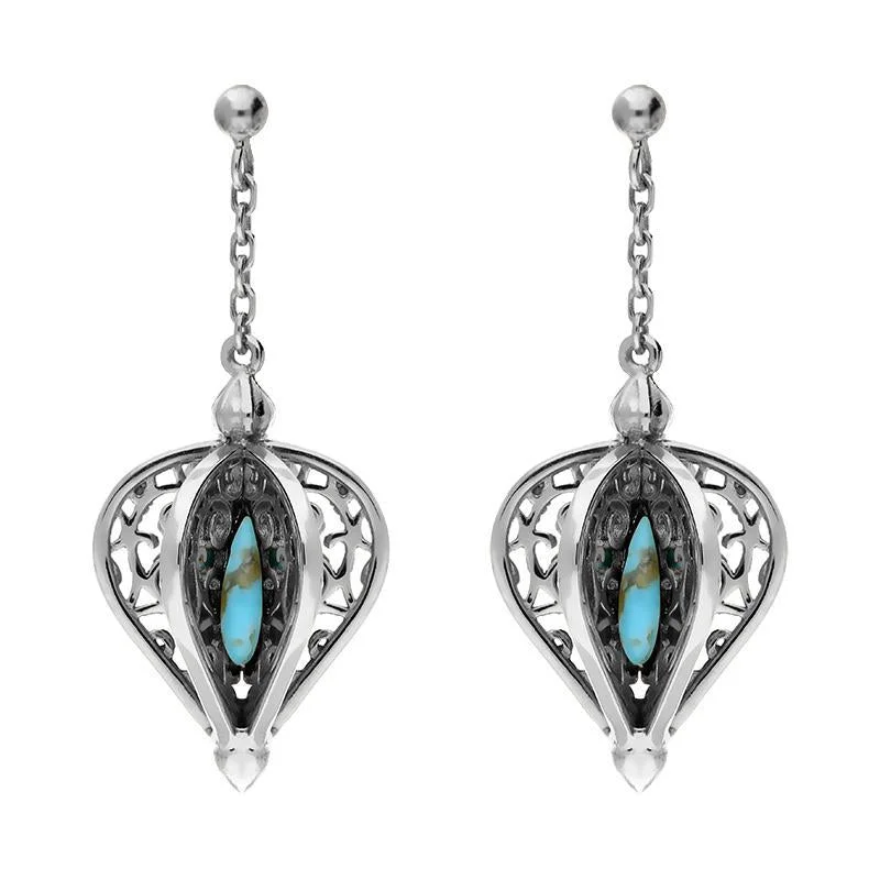 9ct White Gold Turquoise Flore Filigree Drop Earrings