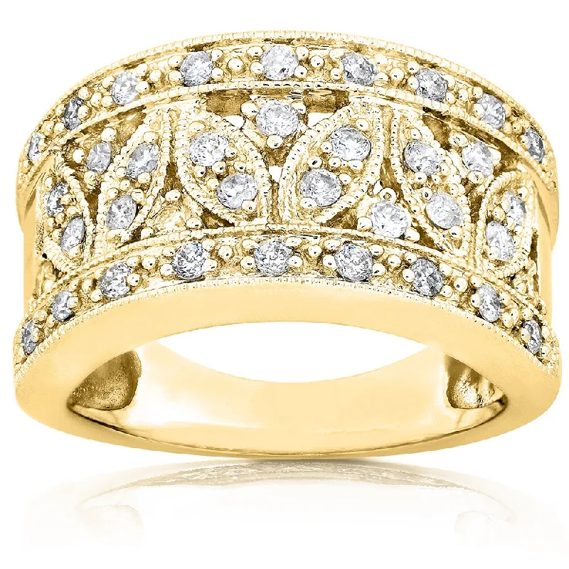 Women's Diamond Rings with Side - Stone Pave Setting for a Sparkling and Continuous ShineAnnello by Kobelli 14k Yellow Gold 1/2ct TDW Diamond Floral Wide Band Anniversary Ring