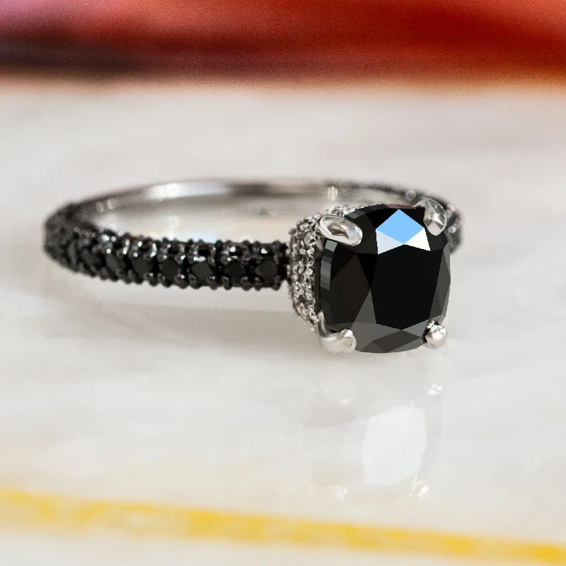 Women's Diamond Rings with Side - Stone Pave Setting for a Sparkling and Continuous ShineBlack Magic - 4 Carats Double Hidden Halo Natural Black Diamond Cushion Engagement Ring in White Gold