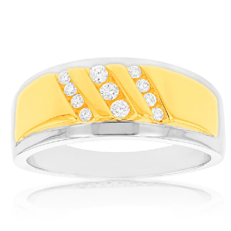 Art Deco - Inspired Women's Diamond Rings with Geometric Designs and Baguette - Cut DiamondsLuminesce Lab Grown 1/4 Carat Diamond Gents Ring in 9ct Yellow and White Gold