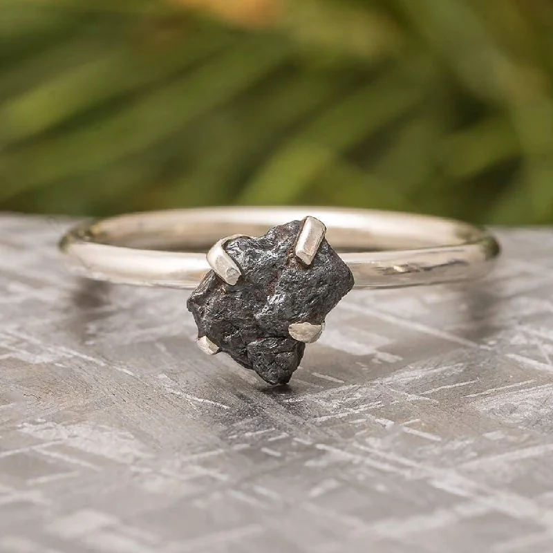 Minimalist Fashion Rings in Stainless Steel with a Single Solitaire CrystalMeteorite Stone & Sterling Silver Ring