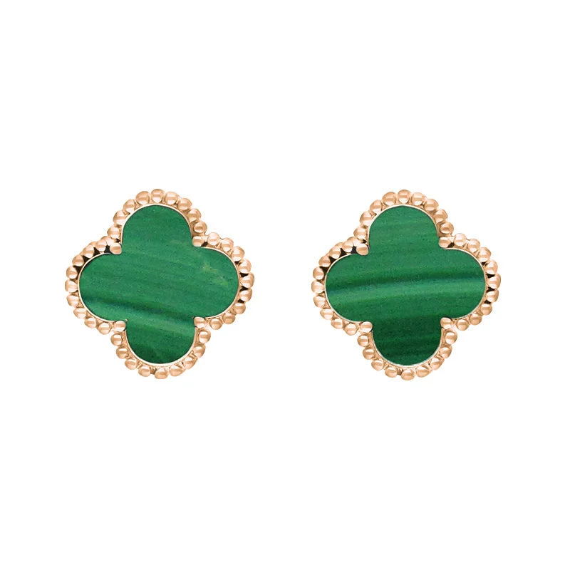 18ct Rose Gold Malachite Bloom Four Leaf Clover Ball Edge Stud Earrings