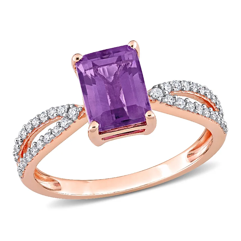 Amethyst Gemstone Rings in Sterling Silver with a Halo of Cubic Zirconia for a Budget - Friendly LuxuryMiadora 1 1/3ct TGW Octagon Amethyst and 1/5ct TDW Diamond Crossover Ring in 14k Rose Gold