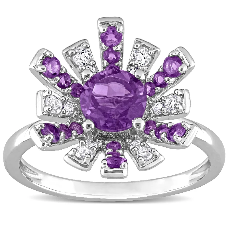 Amethyst Gemstone Rings in Sterling Silver with a Halo of Cubic Zirconia for a Budget - Friendly LuxuryMiadora African Amethyst and White Topaz Floral Cluster Ring in Sterling Silver