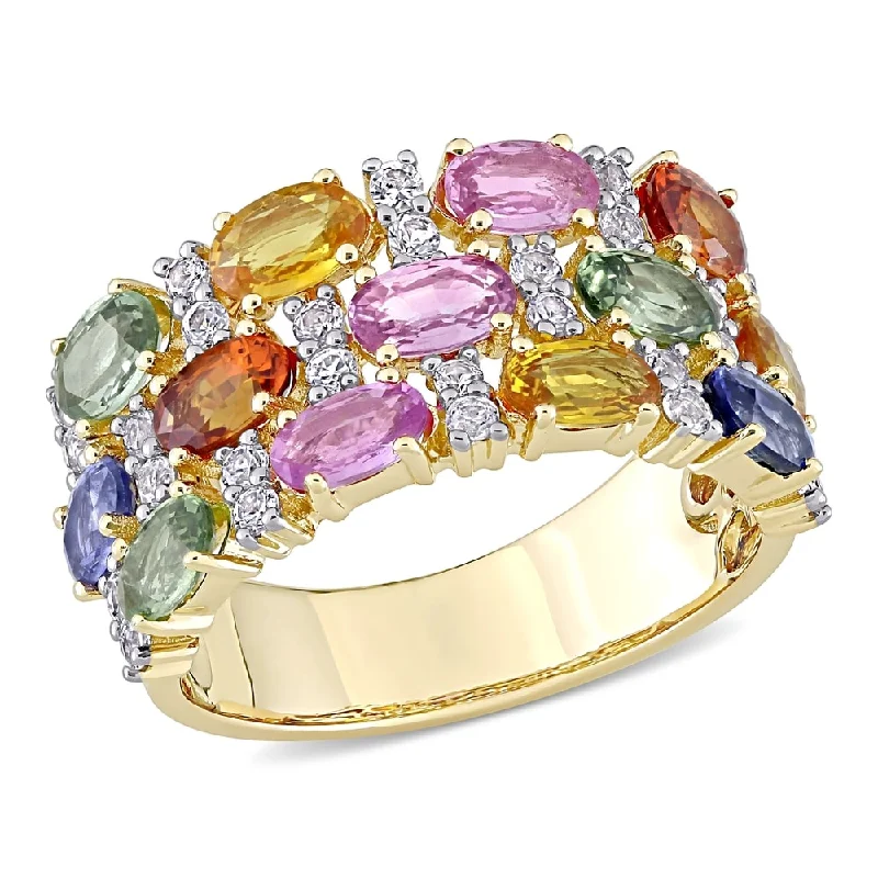 Aquamarine Gemstone Rings in 9K Gold with a Bezel Setting for a Modern and Secure FitOval-Cut Multi-Color Sapphire Semi-Eternity 3-Row Anniversary Band in 14k Yellow Gold by Miadora